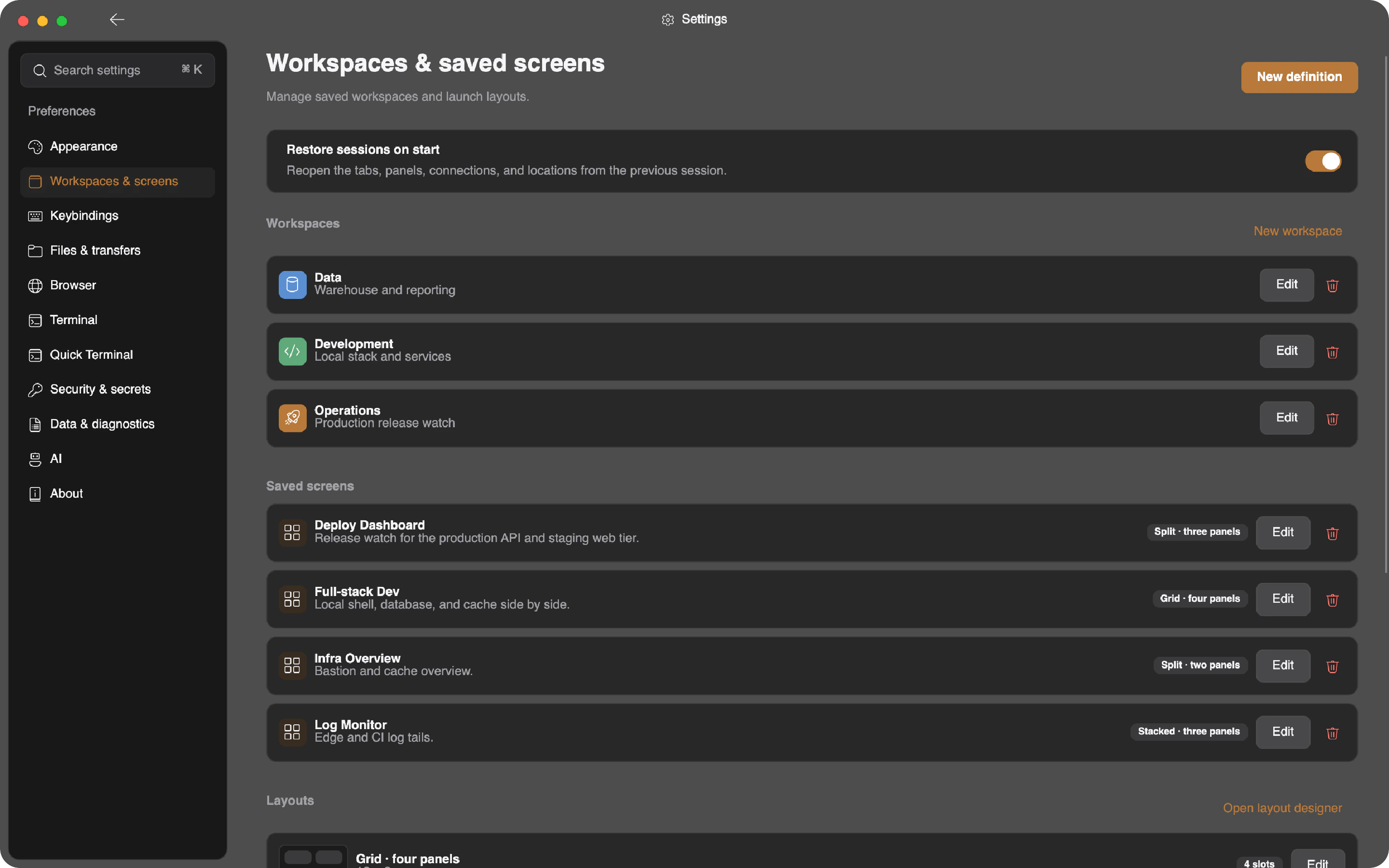 Workspace settings listing separate workspaces with their own connections
