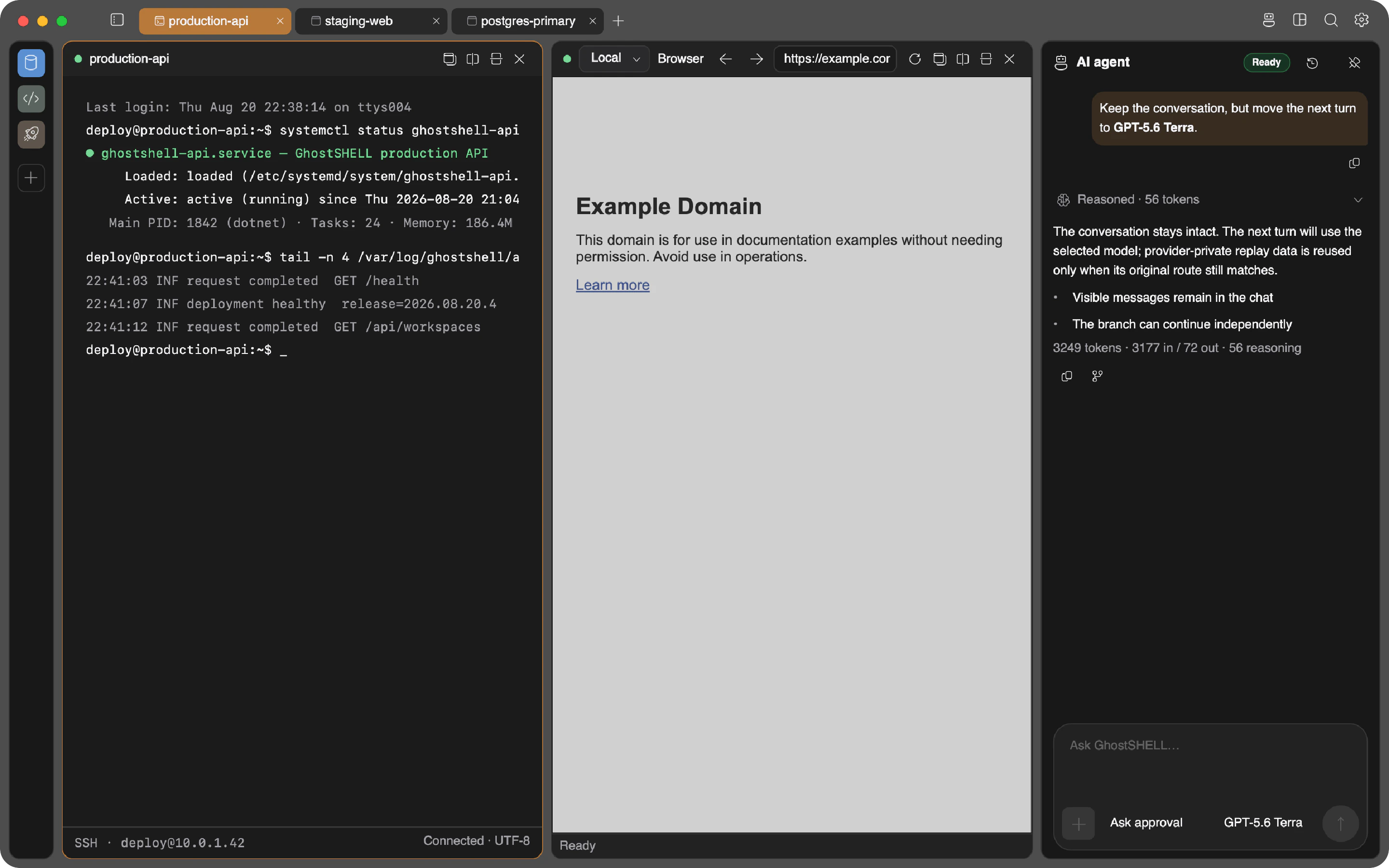 The docked agent streaming its reasoning while a tool call waits for approval