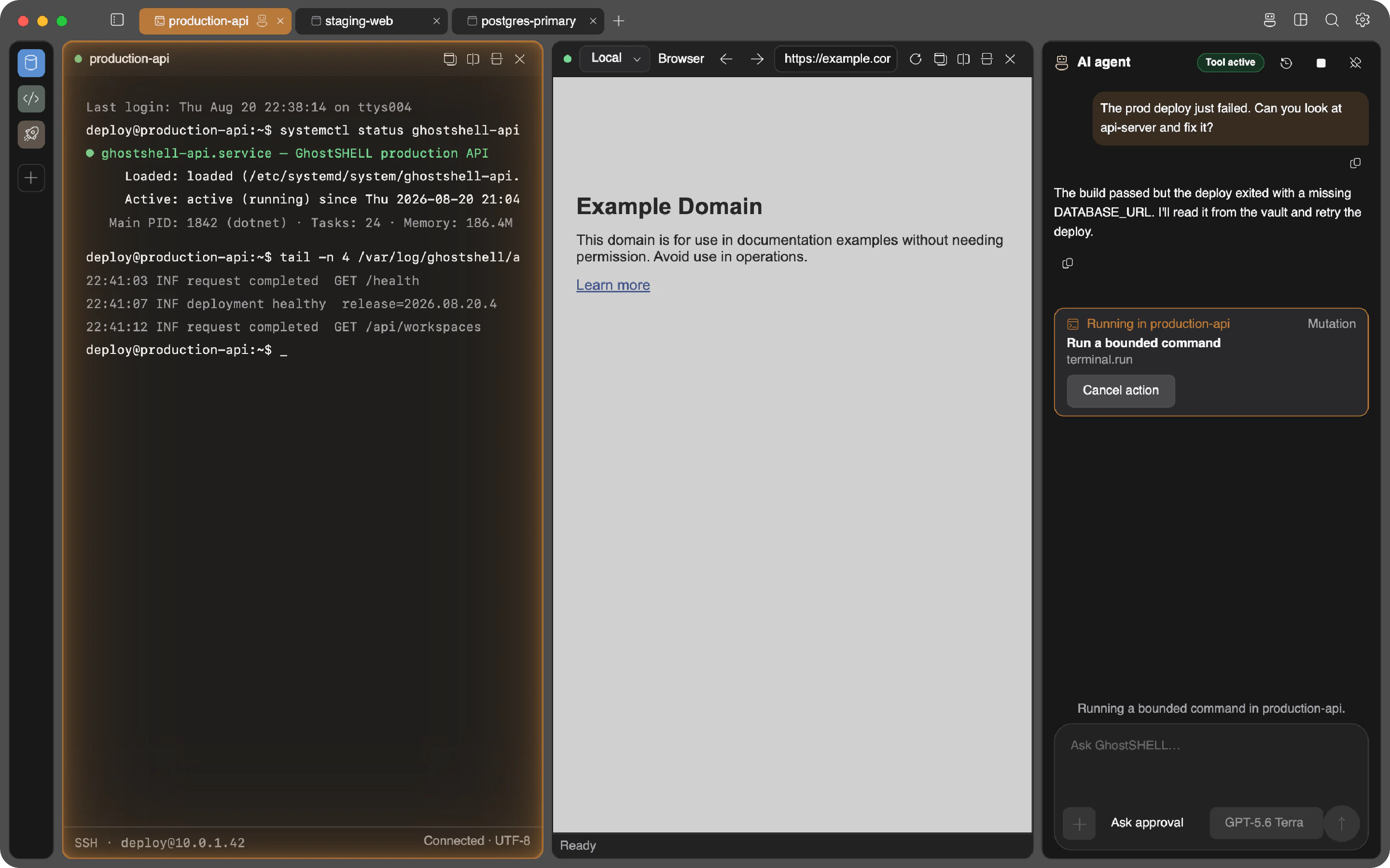 GhostSHELL workspace: an SSH terminal, a browser panel, and the AI agent fixing a failed deploy