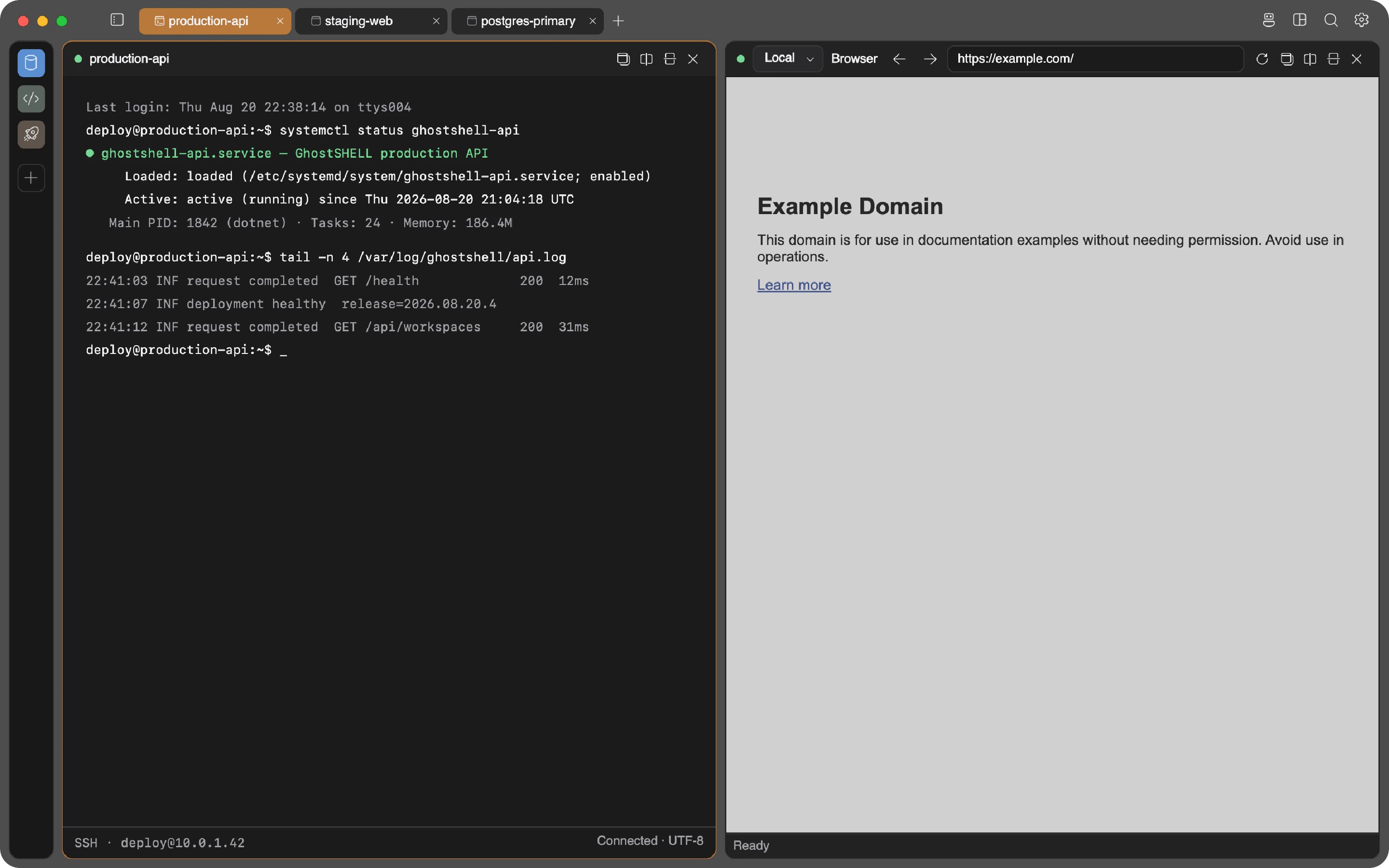 GhostSHELL window with an SSH terminal running systemctl next to a browser panel